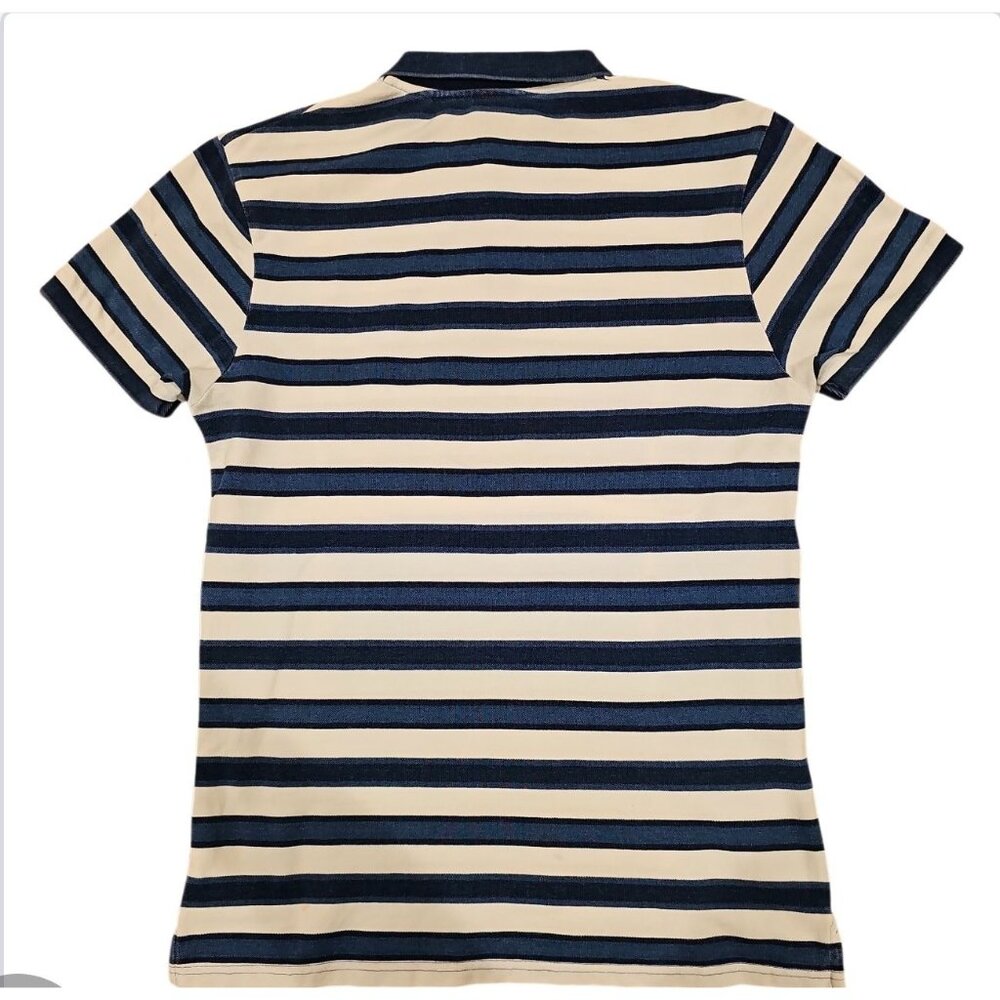 Striped Polo Shirt For Men Navy & Cream Short Sleeve Casual Wear Collared Neck W - Picture 2 of 10